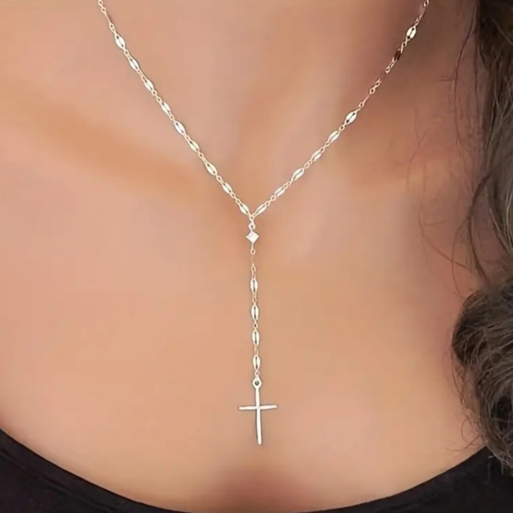 Stylish Y-shaped Cross white goldtone necklace